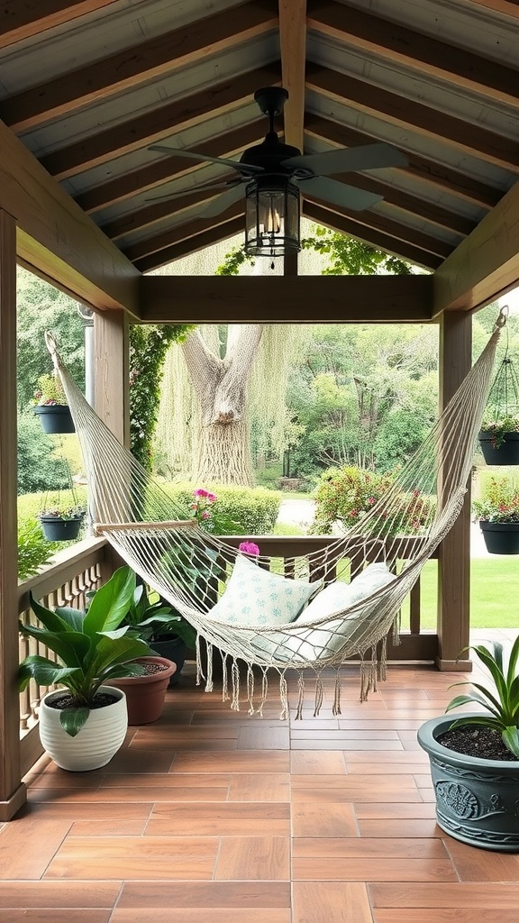 Cozy hammock nook with potted plants and ceiling fan in a covered patio