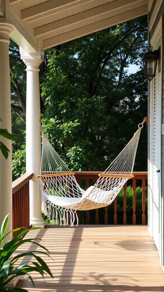 A cozy hammock hanging on a back porch surrounded by greenery