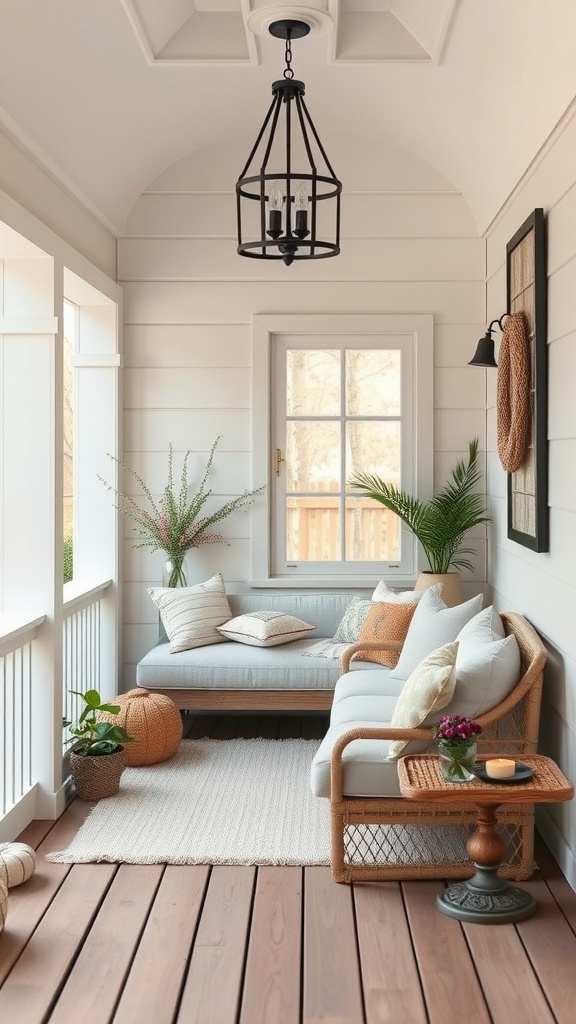 Cozy enclosed porch with comfortable seating, plants, and soft decor.