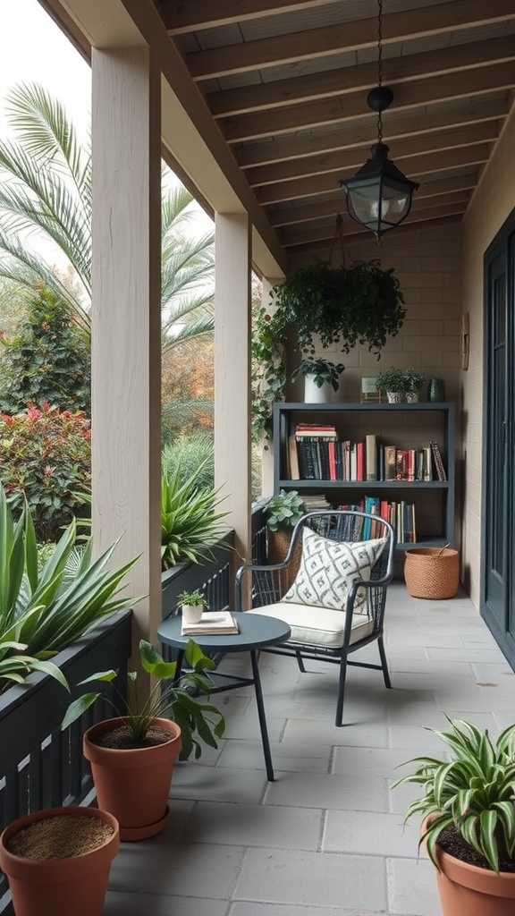 A cozy reading nook on a covered patio with a chair, table, and plants.