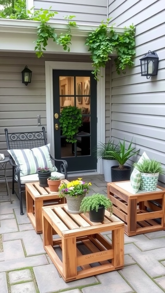 A back patio with repurposed crates as side tables, featuring potted plants on each crate.