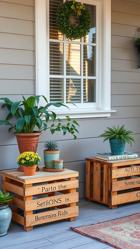 Two repurposed wooden crates used as tables on a front porch, decorated with plants and decorative items.