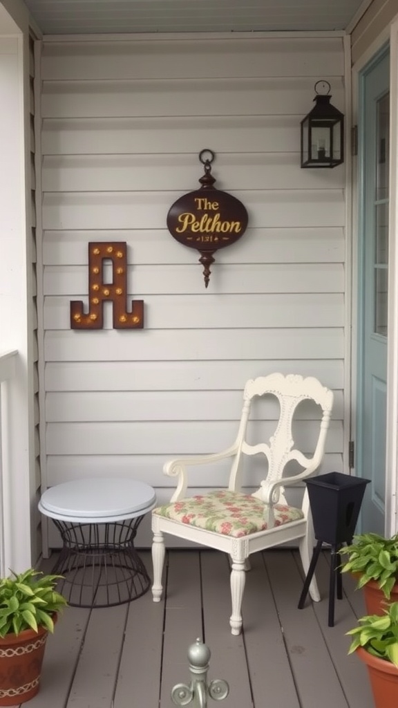 A small back porch featuring a vintage white chair, a wire table, decorative signs, and potted plants.