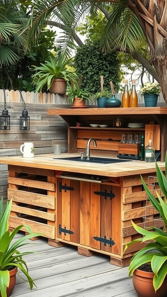 A rustic outdoor bar made from repurposed wooden pallets, featuring a sink, potted plants, and a charming design.