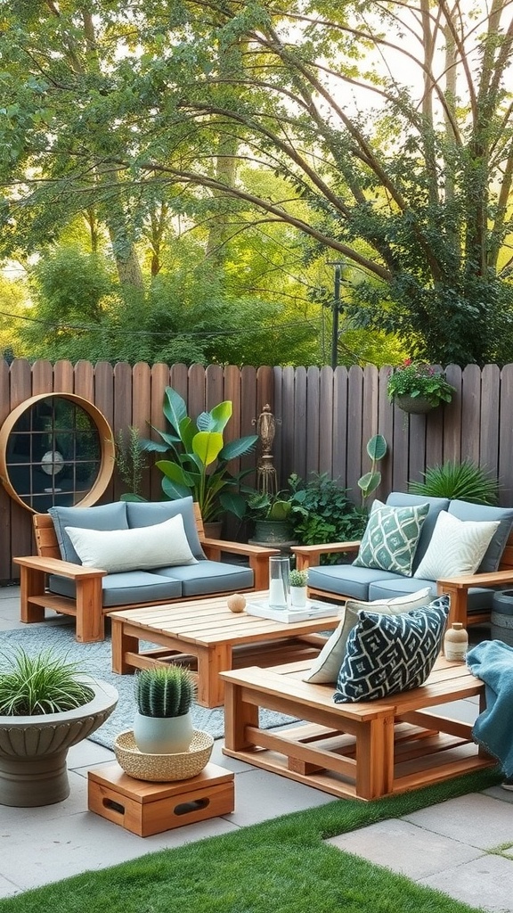Cozy backyard with repurposed pallet furniture and greenery
