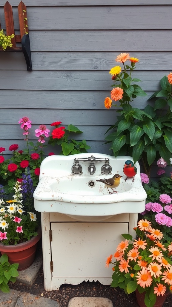 A vintage sink repurposed as a bird bath surrounded by colorful flowers.