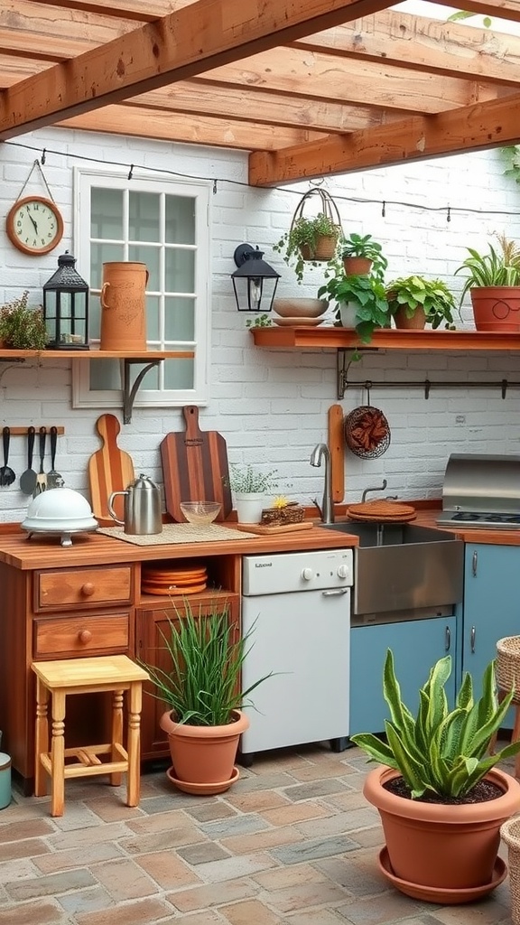 Cozy outdoor kitchen with repurposed furniture and plants.