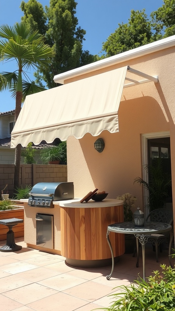 A small outdoor kitchen featuring a retractable awning for shade, with a grill and seating arrangements.