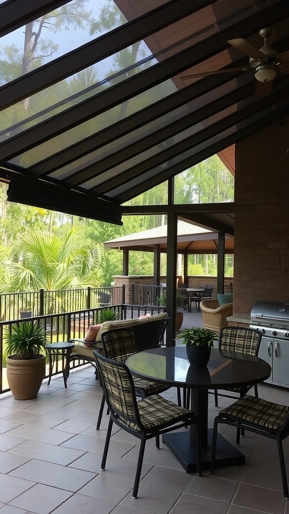 A small outdoor kitchen with retractable screens, featuring a dining table, chairs, and a grill.