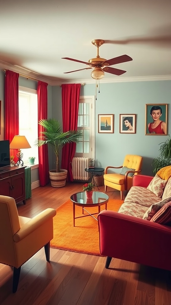 A cozy living room featuring retro-inspired furniture, with a red sofa, yellow armchair, and vibrant decor.