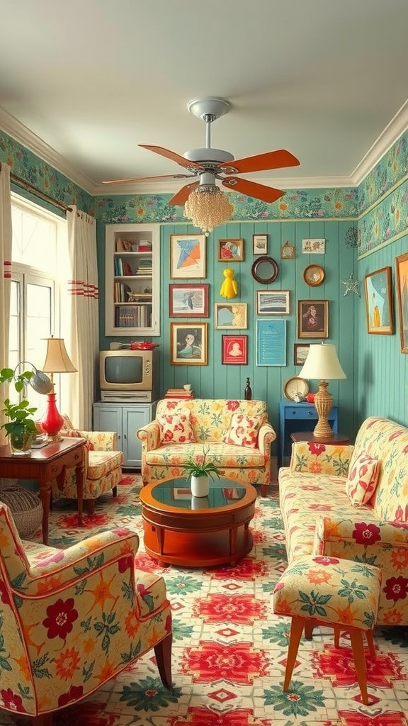 A brightly decorated retro living room with floral patterns and cheerful colors.