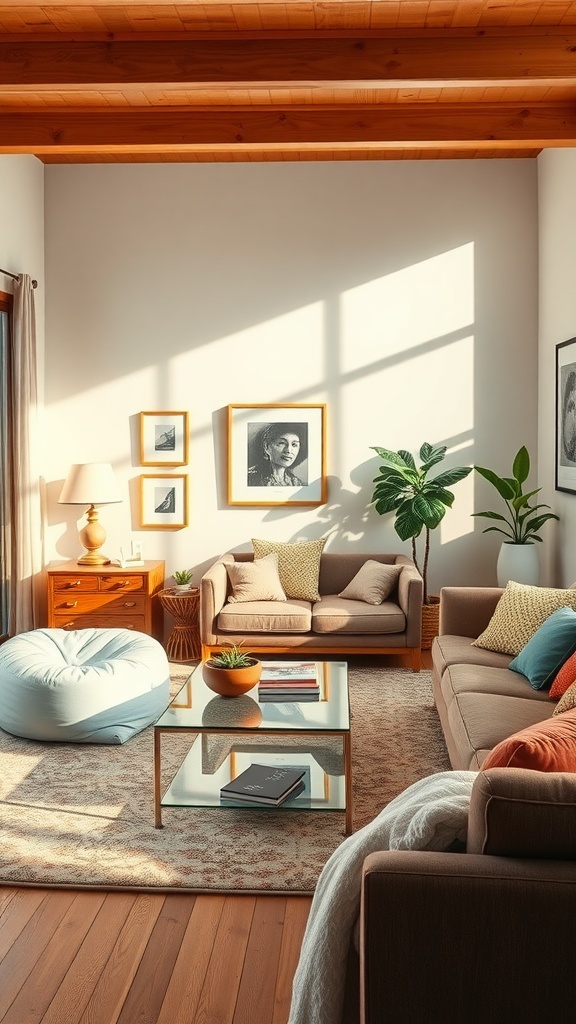Cozy 90s living room with retro furniture, including soft sofas, a glass coffee table, and decorative accents