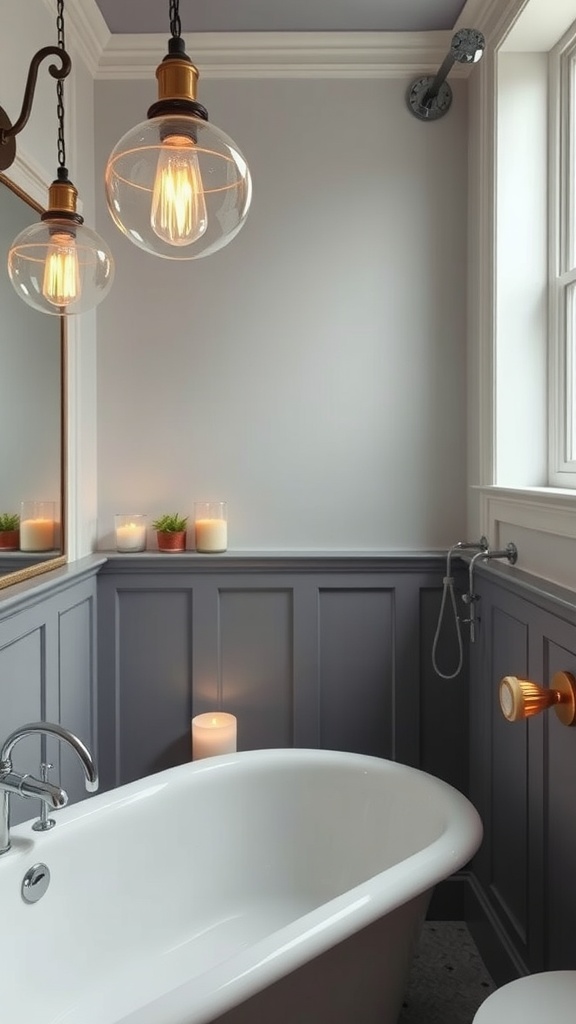 A vintage bathroom showcasing retro lighting fixtures with warm glowing bulbs.