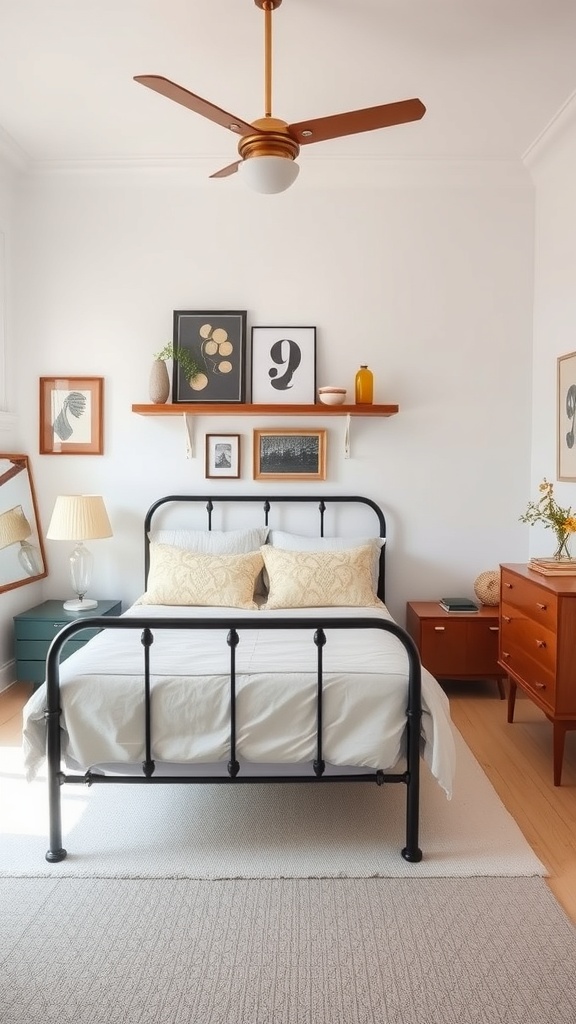 A retro mid-century modern bedroom featuring a black iron bed frame, light bedding, wooden furniture, and decorative wall art.