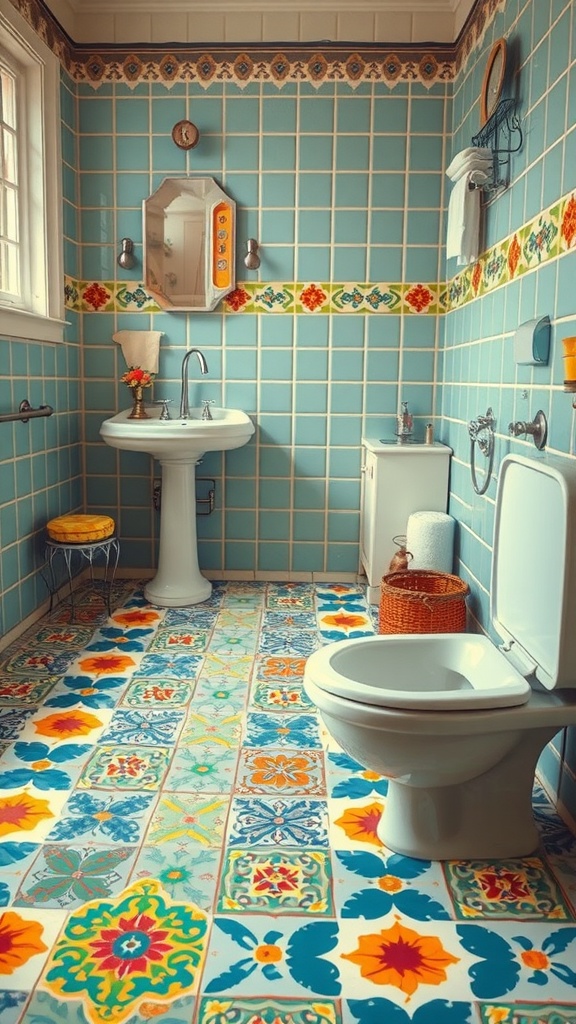 A vintage bathroom with retro tile patterns featuring blue walls and colorful patterned floor tiles.