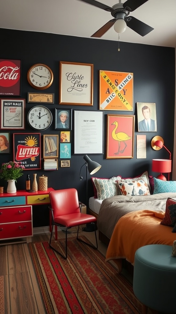 A stylish bedroom featuring a black accent wall adorned with vintage frames, colorful furniture, and retro decor.