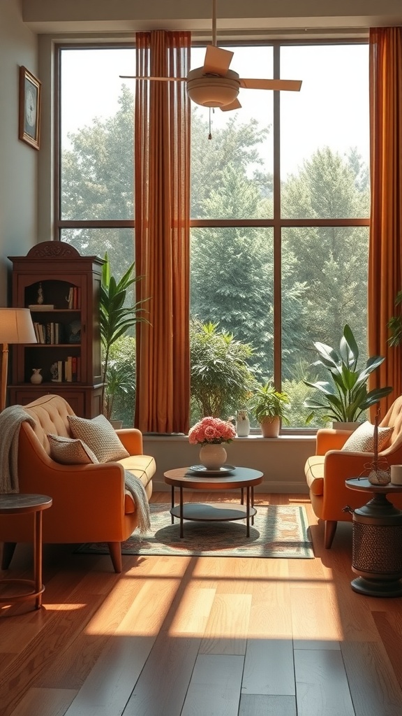 Cozy living room with orange armchairs, large windows, and plants.
