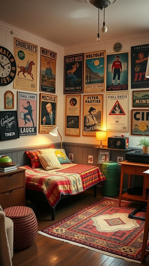 A cozy teen bedroom with retro vintage decor, featuring vintage posters, a plaid blanket on the bed, warm lighting, and wooden furniture.