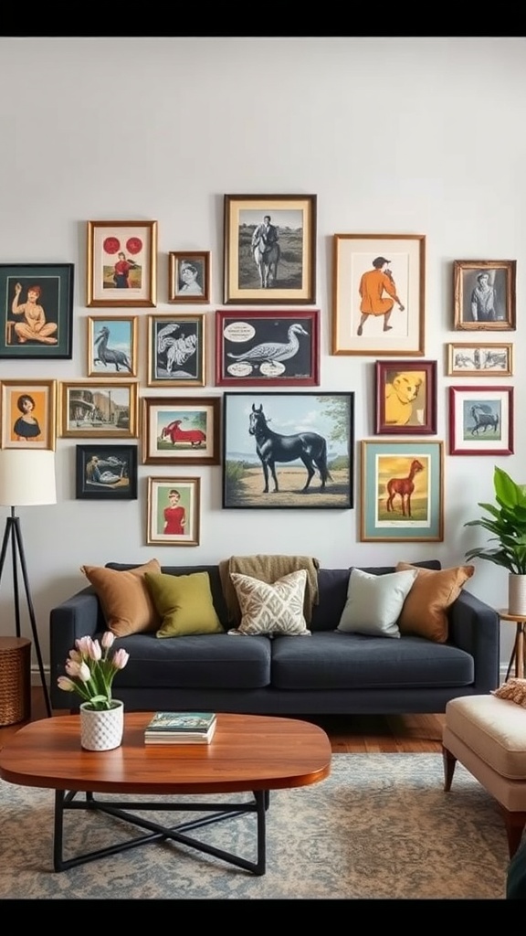 A vintage style living room with a variety of framed art on the wall, featuring an orange couch and decorative elements.