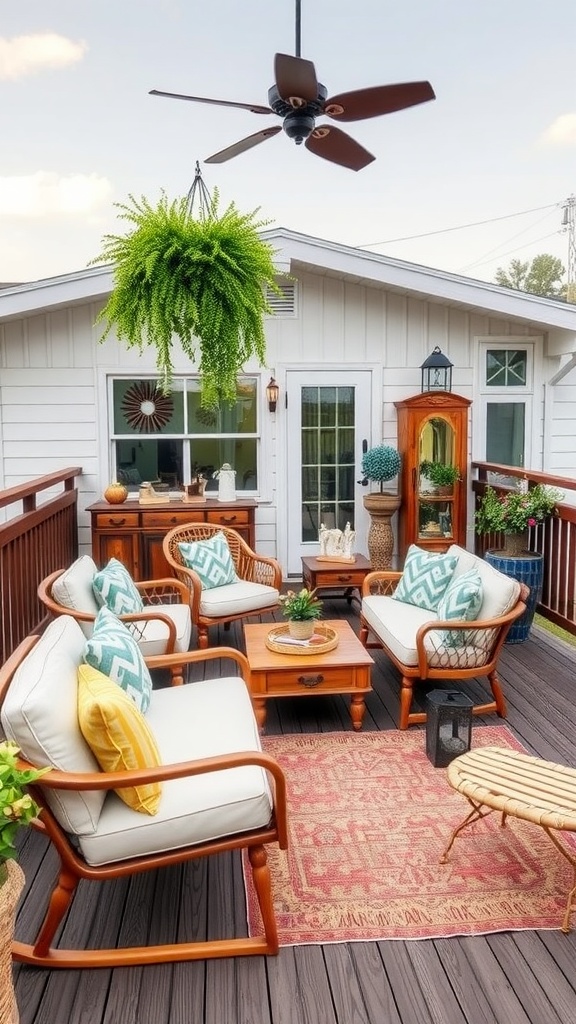A cozy back patio featuring vintage furniture with colorful cushions, a hanging plant, and a warm wooden table.