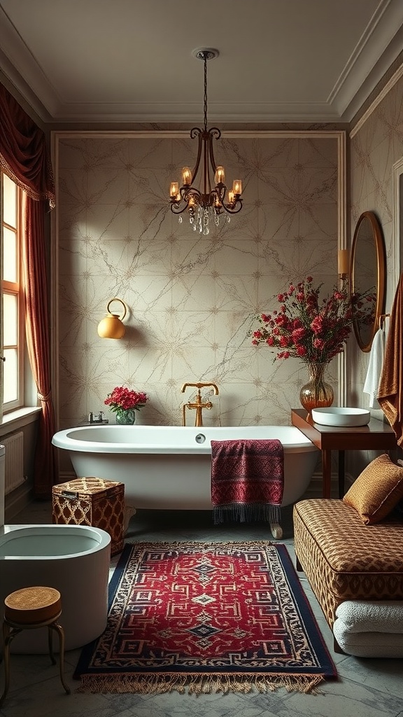 A luxurious bathroom featuring a freestanding bathtub, rich textiles, elegant accessories, and a decorative chandelier.