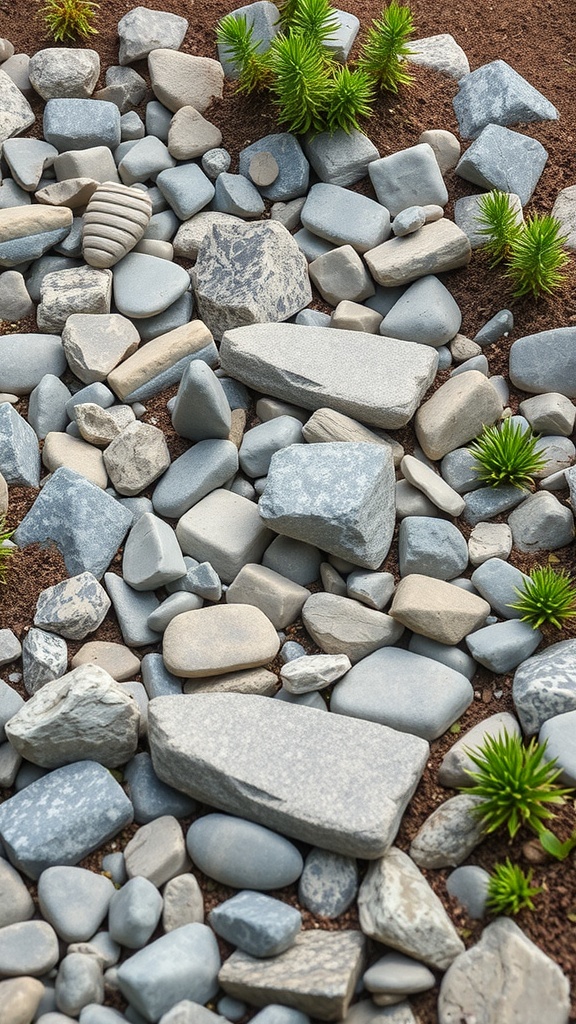 A close-up view of a rock bed featuring various stones and small green plants.