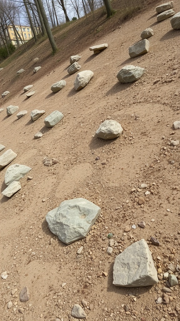 Rock beds with various stones on a sloped area