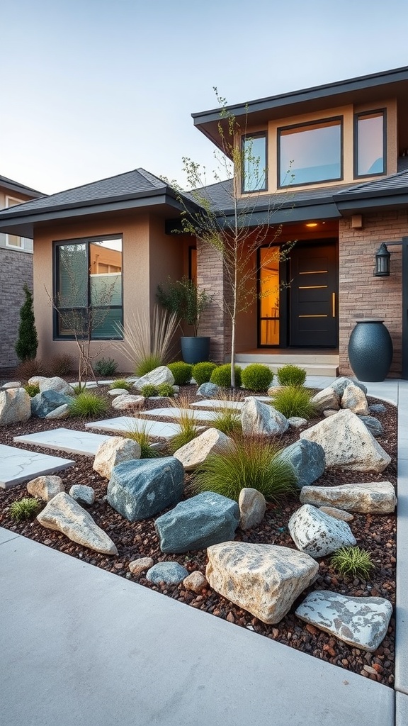 A modern house with a rock bed landscape design featuring various sizes of rocks and greenery.