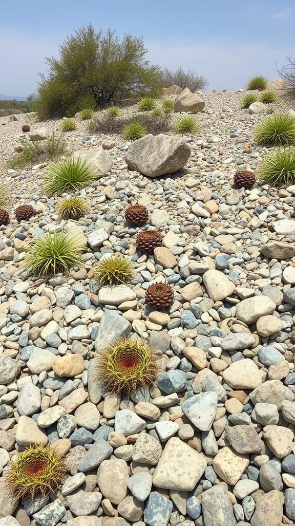 A rock garden featuring large rocks, pebbles, and drought-resistant plants.
