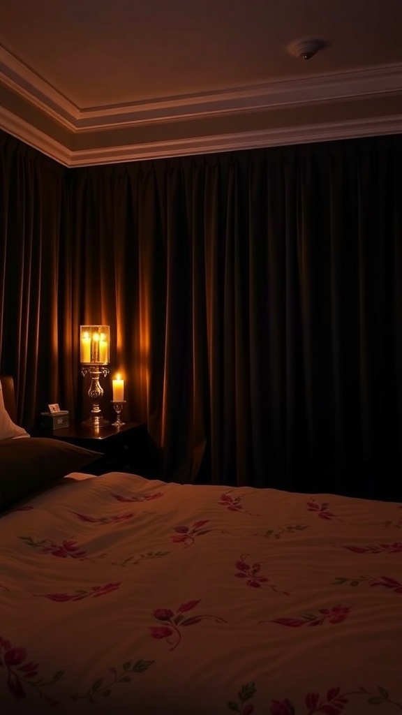 A cozy bedroom with black velvet curtains, a candlelit nightstand, and floral bedding.