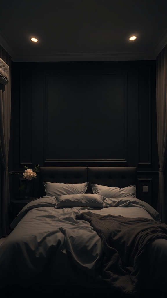 A cozy bedroom with deep black walls, soft lighting, and a neatly made bed with light-colored linens.