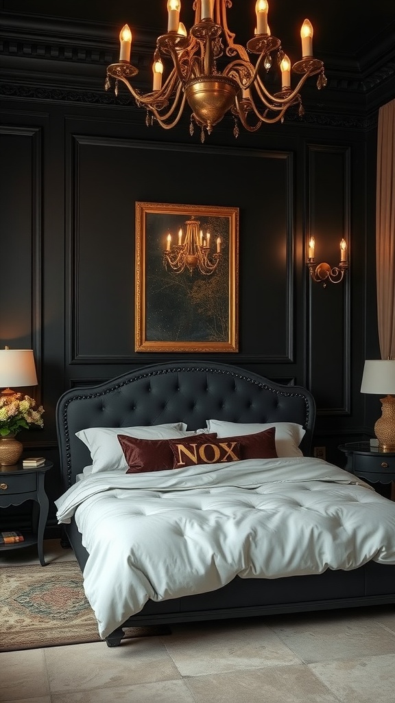A romantic bedroom featuring black walls, a gold chandelier, and elegant white bedding.