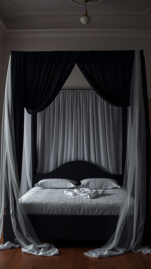 A romantic black canopy bed with soft curtains and light bedding.