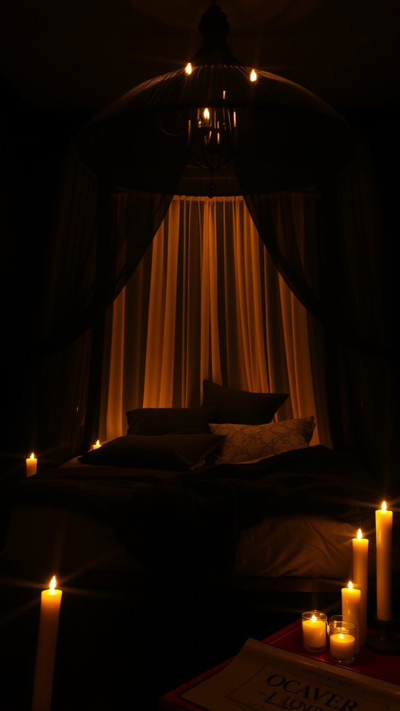 A romantic black canopy bedroom illuminated by candlelight, featuring soft drapes and cozy bedding.