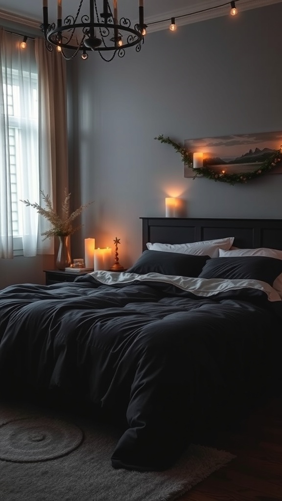 A cozy bedroom featuring a black comforter, candles, and soft lighting