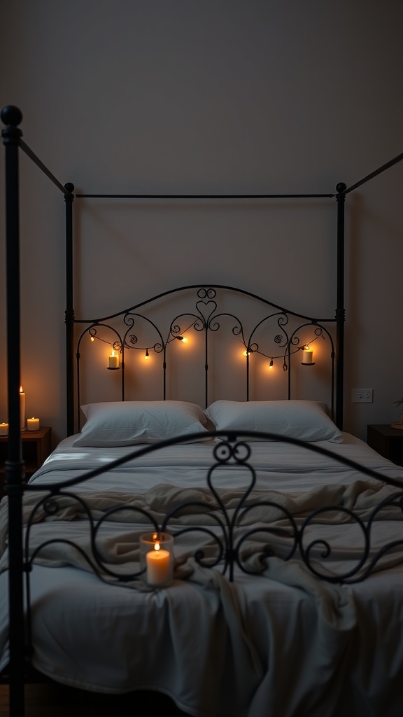 A cozy bedroom featuring a black bed frame with candles creating a warm atmosphere.