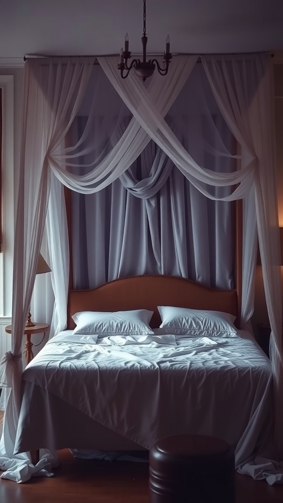 A cozy bedroom featuring a romantic canopy bed with flowing curtains and soft lighting.
