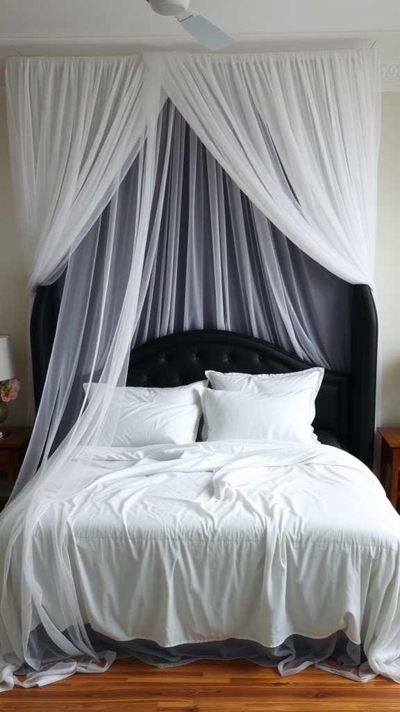 A romantic canopy bed featuring a black headboard with white drapes.