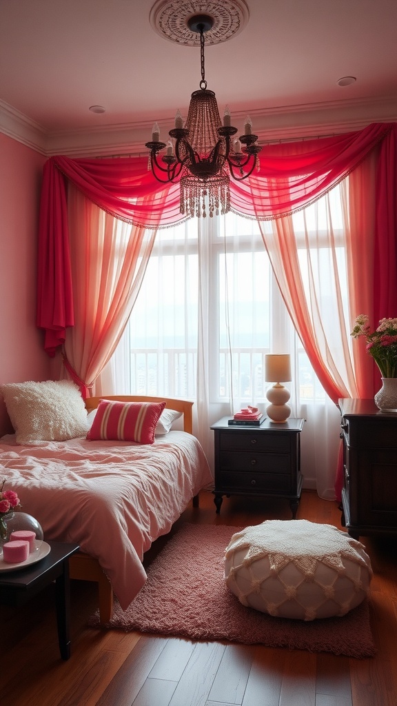 A romantic bedroom with pink and red color palette, featuring elegant curtains, chandelier, and cozy decor.