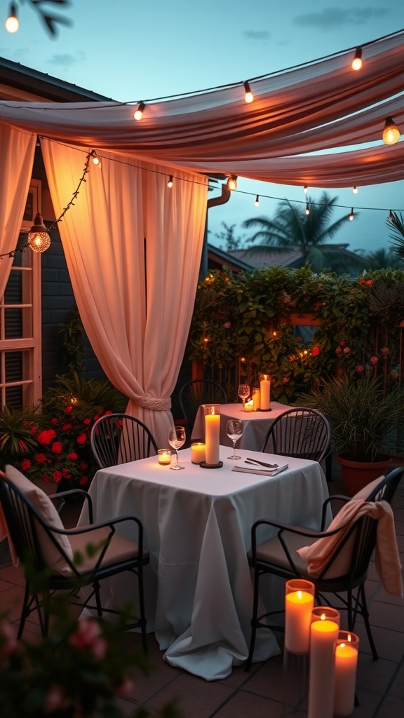 A romantic outdoor patio with soft lighting, a beautifully set table, and candles.