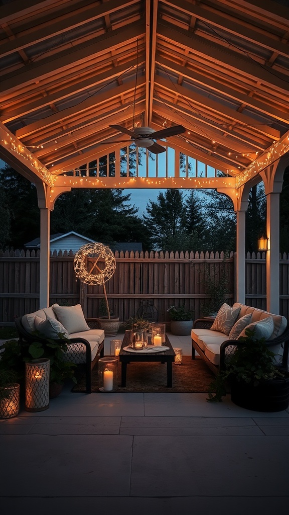 A cozy covered patio with soft lighting, comfortable seating, and candles creating a romantic atmosphere.