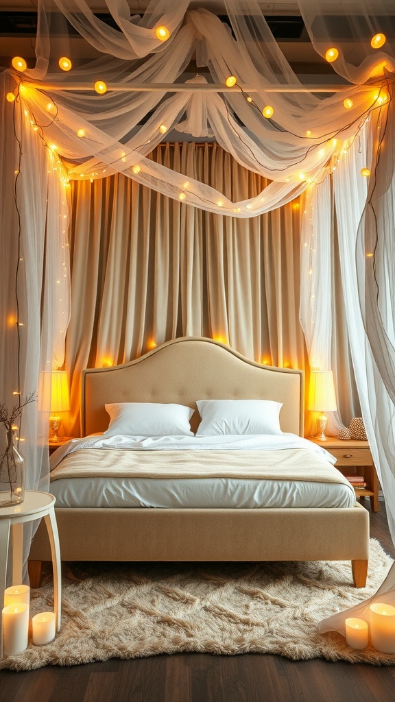 A cozy bedroom featuring a beige bedframe, white linens, fairy lights, and sheer curtains creating a romantic atmosphere