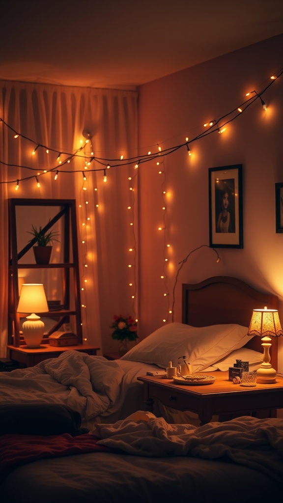 A cozy bedroom with soft lighting, featuring fairy lights, a bedside lamp, and a warm inviting atmosphere.
