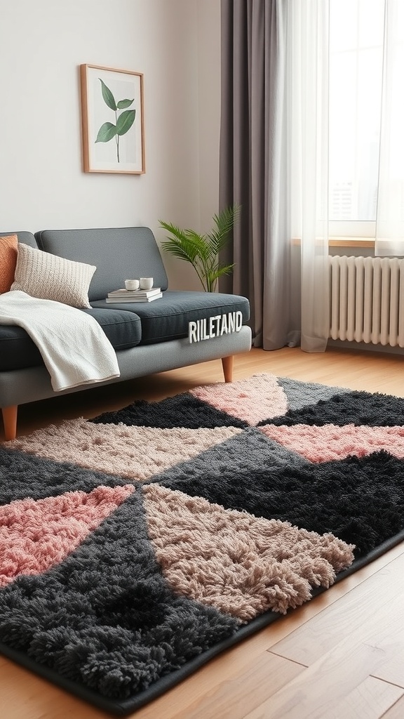 A cozy rug with a geometric pattern in black, pink, and grey, placed in a stylish bedroom setting.