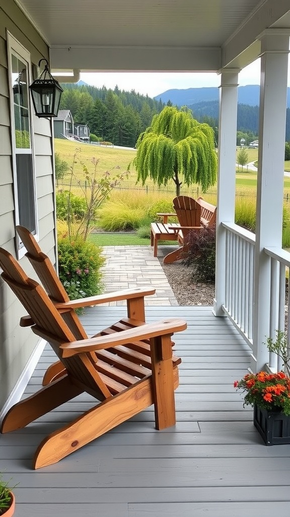 Two rugged Adirondack chairs on a front porch surrounded by greenery.