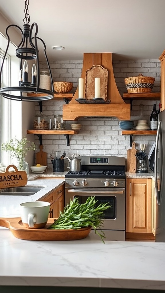 Cozy rustic kitchen with wood accents, open shelving, and a charming atmosphere