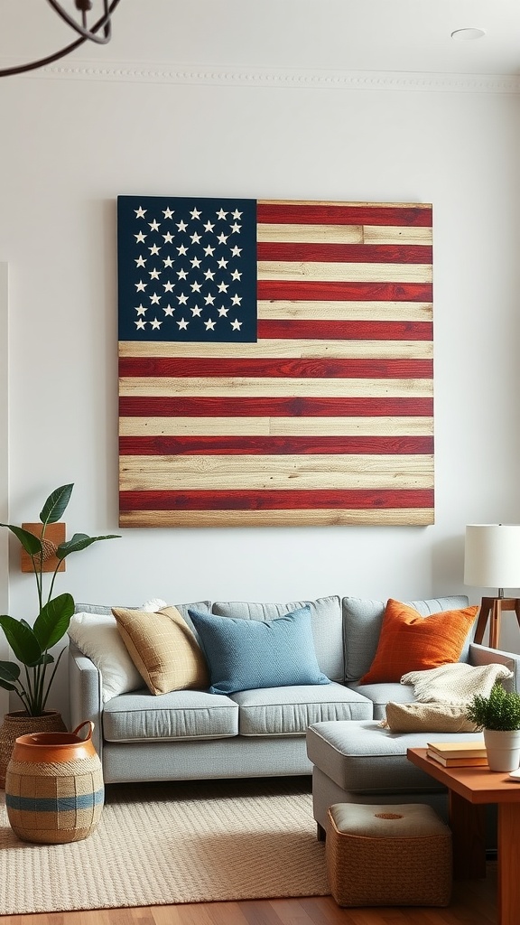 Rustic American flag wall art above a cozy sofa in a living room