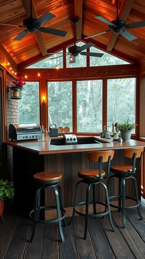Rustic bar area with wooden details and bar stools in a screened-in porch