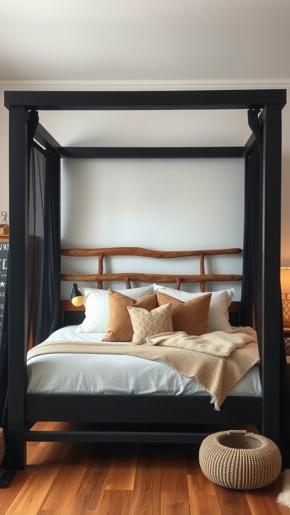 A rustic black canopy bed with wood accents, featuring cozy bedding and warm lighting.