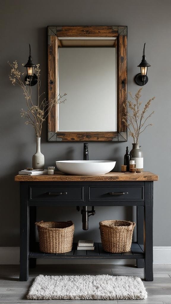 A rustic black vanity with a wooden top, framed mirror, and decorative elements.